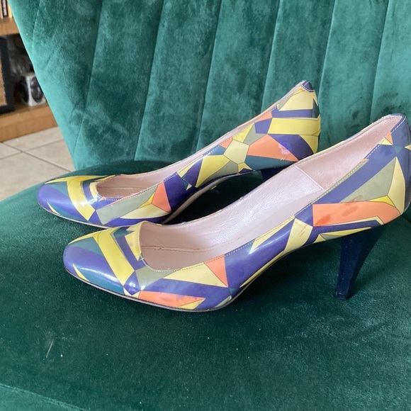 Emilio Pucci Blue and Yellow Geometric Heels - Picture 1 of 4